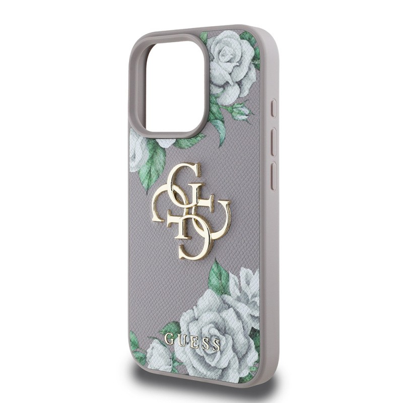 Apple iPhone 15 Pro Max Case Guess Original Licensed Rose Printed Large Metal Logo Design Cover - 9