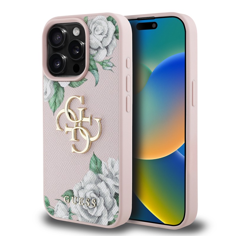 Apple iPhone 15 Pro Max Case Guess Original Licensed Rose Printed Large Metal Logo Design Cover - 12