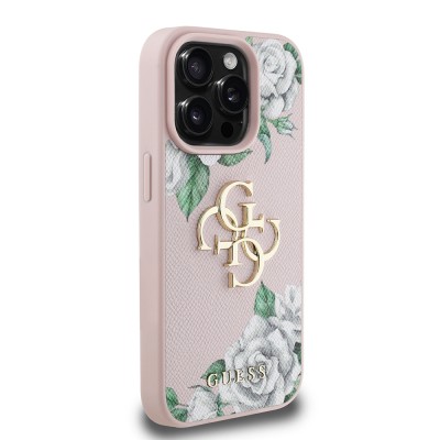Apple iPhone 15 Pro Max Case Guess Original Licensed Rose Printed Large Metal Logo Design Cover - 14