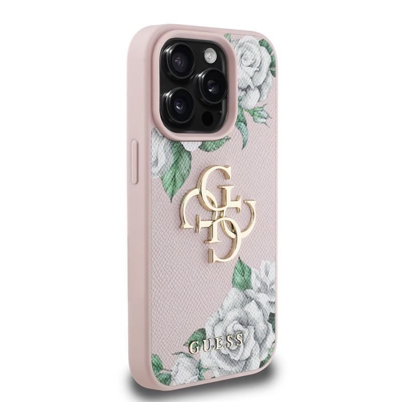 Apple iPhone 15 Pro Max Case Guess Original Licensed Rose Printed Large Metal Logo Design Cover - 14