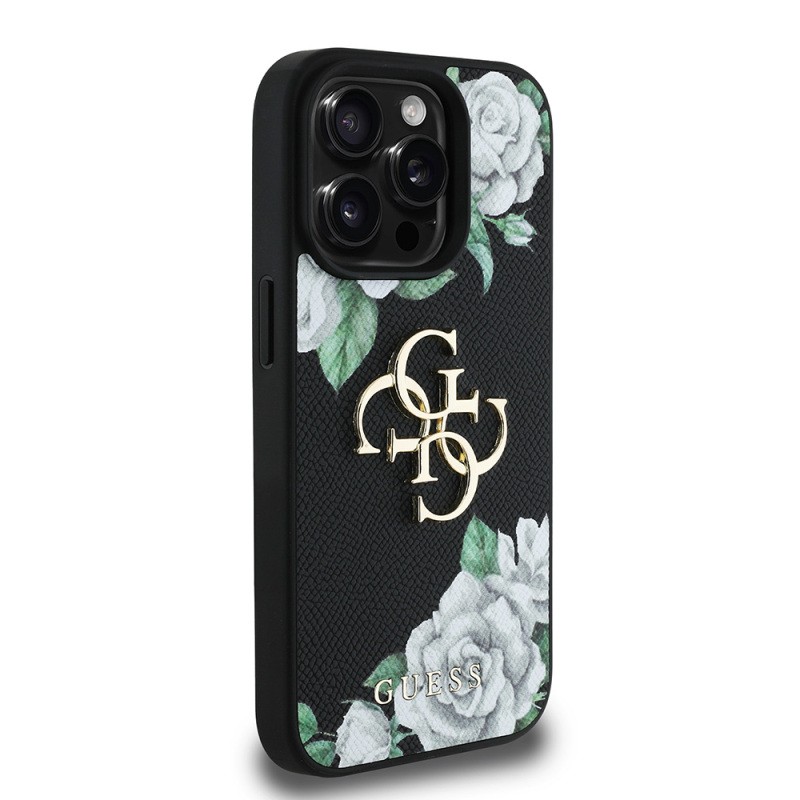 Apple iPhone 15 Pro Max Case Guess Original Licensed Rose Printed Large Metal Logo Design Cover - 21