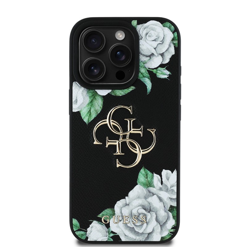Apple iPhone 15 Pro Max Case Guess Original Licensed Rose Printed Large Metal Logo Design Cover - 4