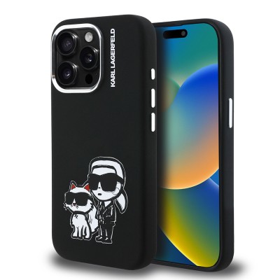 Apple iPhone 15 Pro Max Case Karl Lagerfeld Original Licensed Karl & Choupette Sketch Logo Silicone Cover - 1