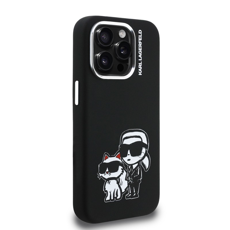 Apple iPhone 15 Pro Max Case Karl Lagerfeld Original Licensed Karl & Choupette Sketch Logo Silicone Cover - 5