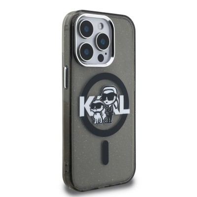 Apple iPhone 15 Pro Max Case Karl Lagerfeld Original Licensed Shining Glitter Karl & Choupette Sketch Logo Cover - 3