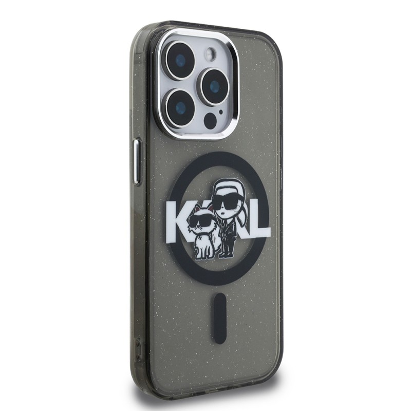 Apple iPhone 15 Pro Max Case Karl Lagerfeld Original Licensed Shining Glitter Karl & Choupette Sketch Logo Cover - 3