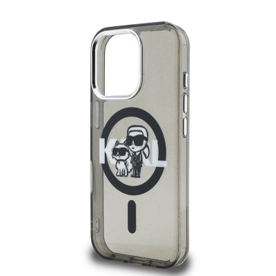 Apple iPhone 15 Pro Max Case Karl Lagerfeld Original Licensed Shining Glitter Karl & Choupette Sketch Logo Cover - 7