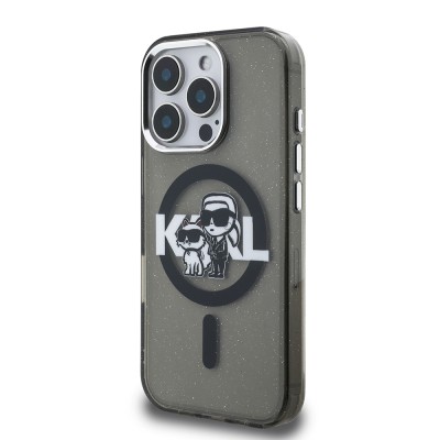 Apple iPhone 15 Pro Max Case Karl Lagerfeld Original Licensed Shining Glitter Karl & Choupette Sketch Logo Cover - 5