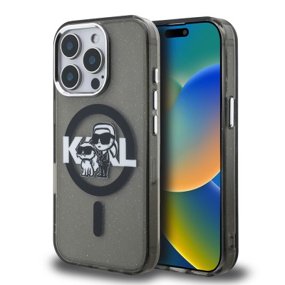Apple iPhone 15 Pro Max Case Karl Lagerfeld Original Licensed Shining Glitter Karl & Choupette Sketch Logo Cover - 2
