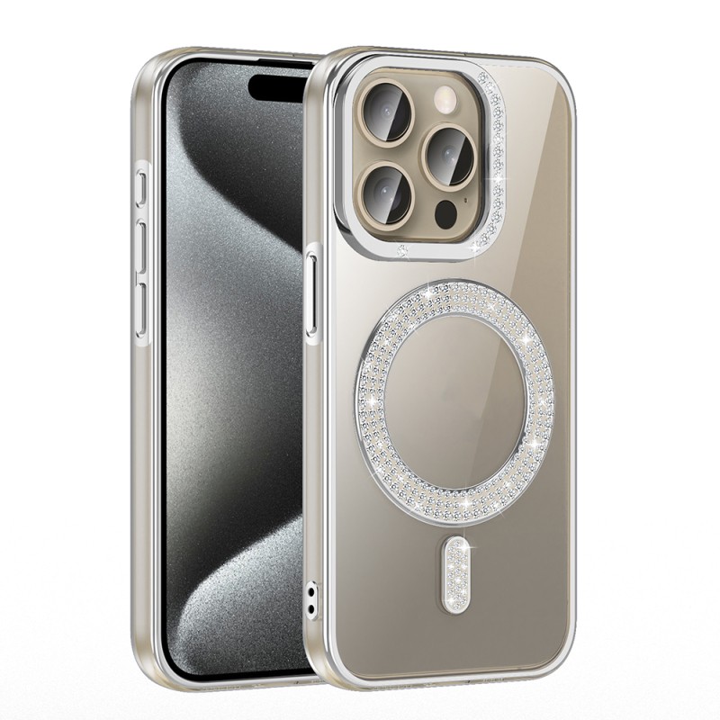 Apple iPhone 15 Pro Max Case Magsafe Charging Feature Diamond Stone Design Zore Karetta Silicone Cover - 14