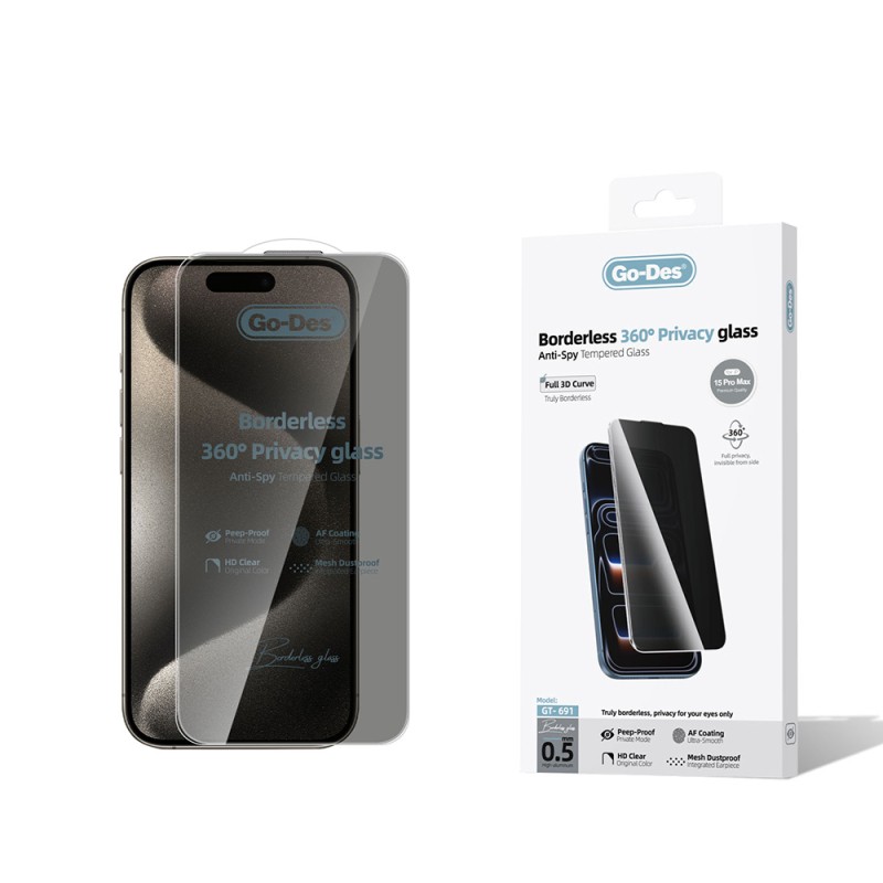Apple iPhone 15 Pro Max Go Des AF Borderless Privacy Tempered Glass Screen Protector - 1