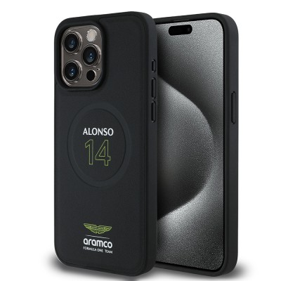 Apple iPhone 15 Pro Max Kılıf Aston Martin Orjinal Lisanslı M-safe Şarj Özellikli PU Deri Alonso 14 Baskılı Kapak - 8