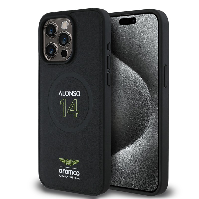 Apple iPhone 15 Pro Max Kılıf Aston Martin Orjinal Lisanslı M-safe Şarj Özellikli PU Deri Alonso 14 Baskılı Kapak - 8