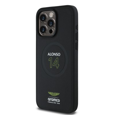 Apple iPhone 15 Pro Max Kılıf Aston Martin Orjinal Lisanslı M-safe Şarj Özellikli PU Deri Alonso 14 Baskılı Kapak - 3