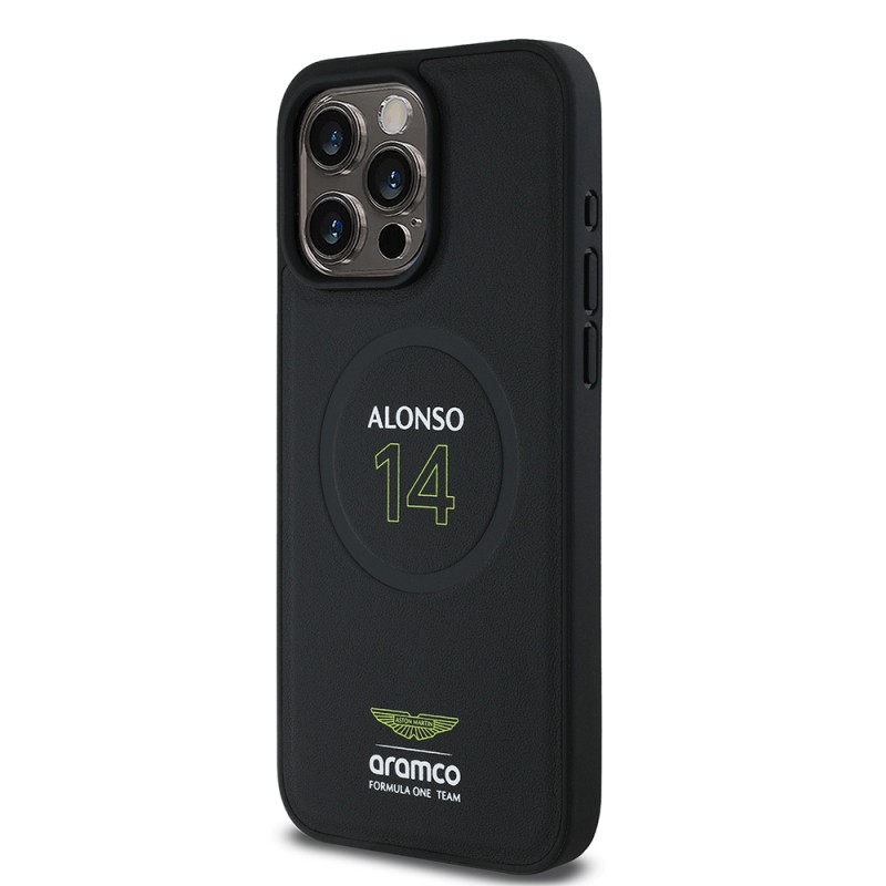 Apple iPhone 15 Pro Max Kılıf Aston Martin Orjinal Lisanslı M-safe Şarj Özellikli PU Deri Alonso 14 Baskılı Kapak - 3