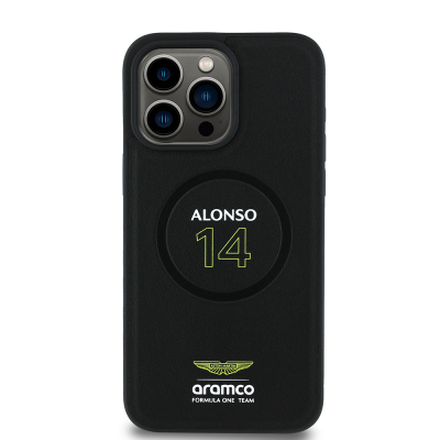 Apple iPhone 15 Pro Max Kılıf Aston Martin Orjinal Lisanslı M-safe Şarj Özellikli PU Deri Alonso 14 Baskılı Kapak - Aston Martin