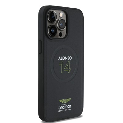 Apple iPhone 15 Pro Max Kılıf Aston Martin Orjinal Lisanslı M-safe Şarj Özellikli PU Deri Alonso 14 Baskılı Kapak - 4
