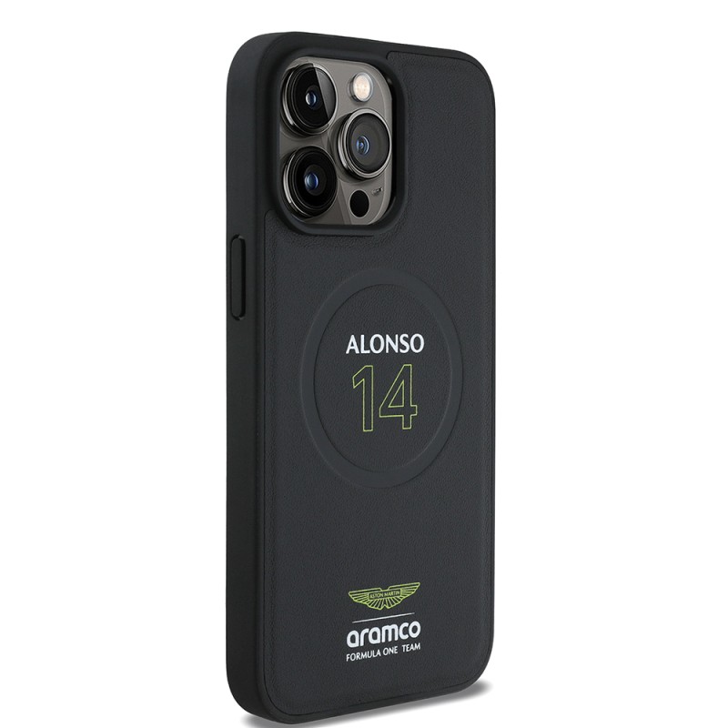 Apple iPhone 15 Pro Max Kılıf Aston Martin Orjinal Lisanslı M-safe Şarj Özellikli PU Deri Alonso 14 Baskılı Kapak - 4
