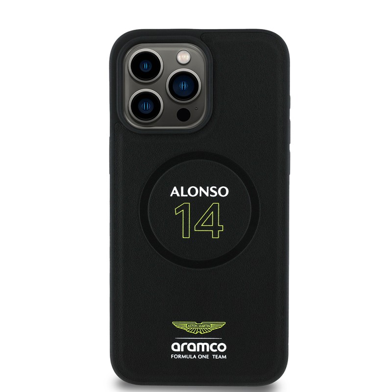 Apple iPhone 15 Pro Max Kılıf Aston Martin Orjinal Lisanslı M-safe Şarj Özellikli PU Deri Alonso 14 Baskılı Kapak - 2