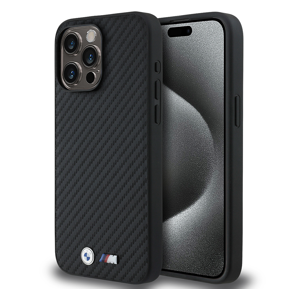 Apple iPhone 15 Pro Max Kılıf BMW Orjinal Lisanslı Karbon Fiber Tasarımlı ve Metal Logolu PU Deri Kapak - Siyah