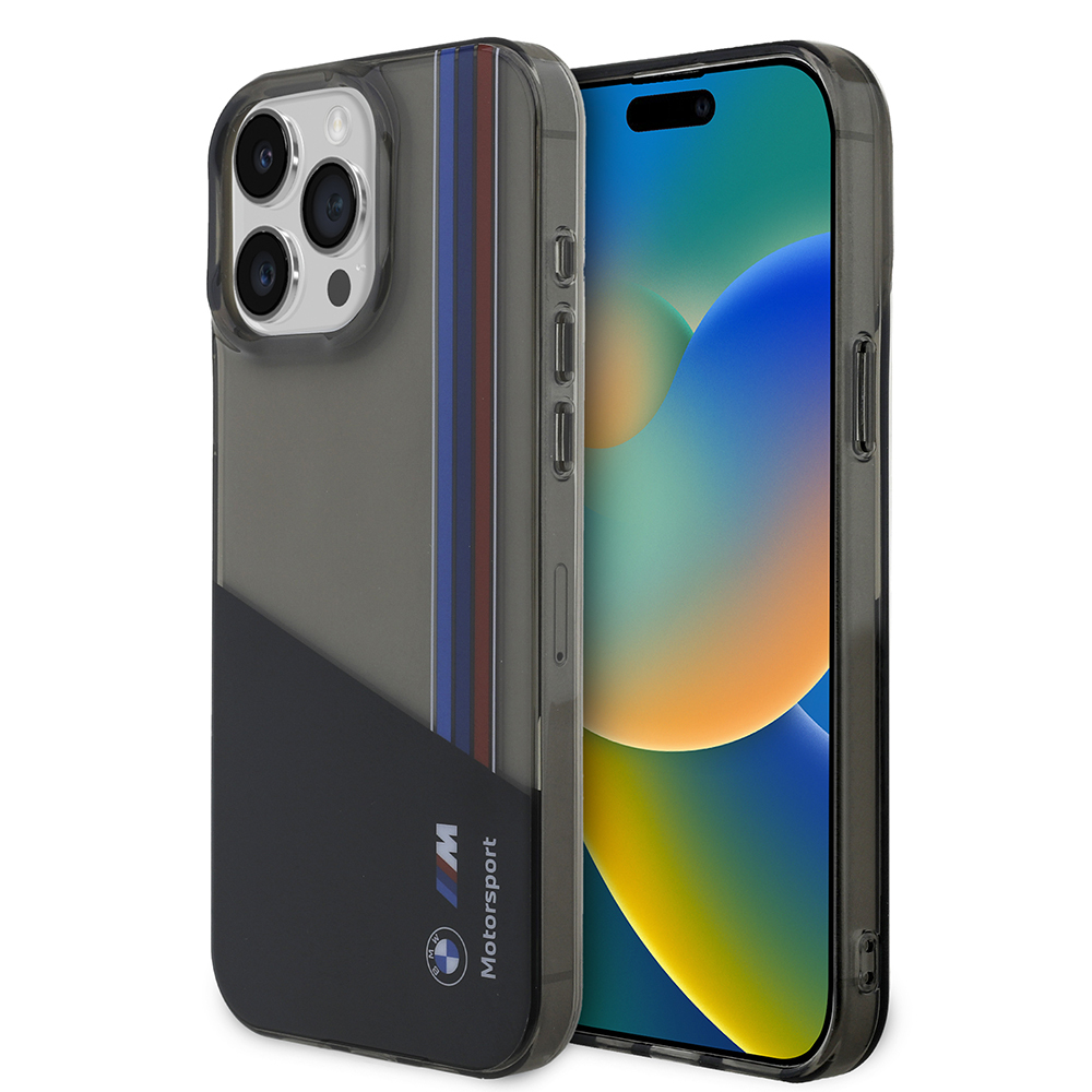 Apple iPhone 15 Pro Max Kılıf BMW Orjinal Lisanslı Yarı Transparan M Dizayn Çizgili Kapak - Siyah