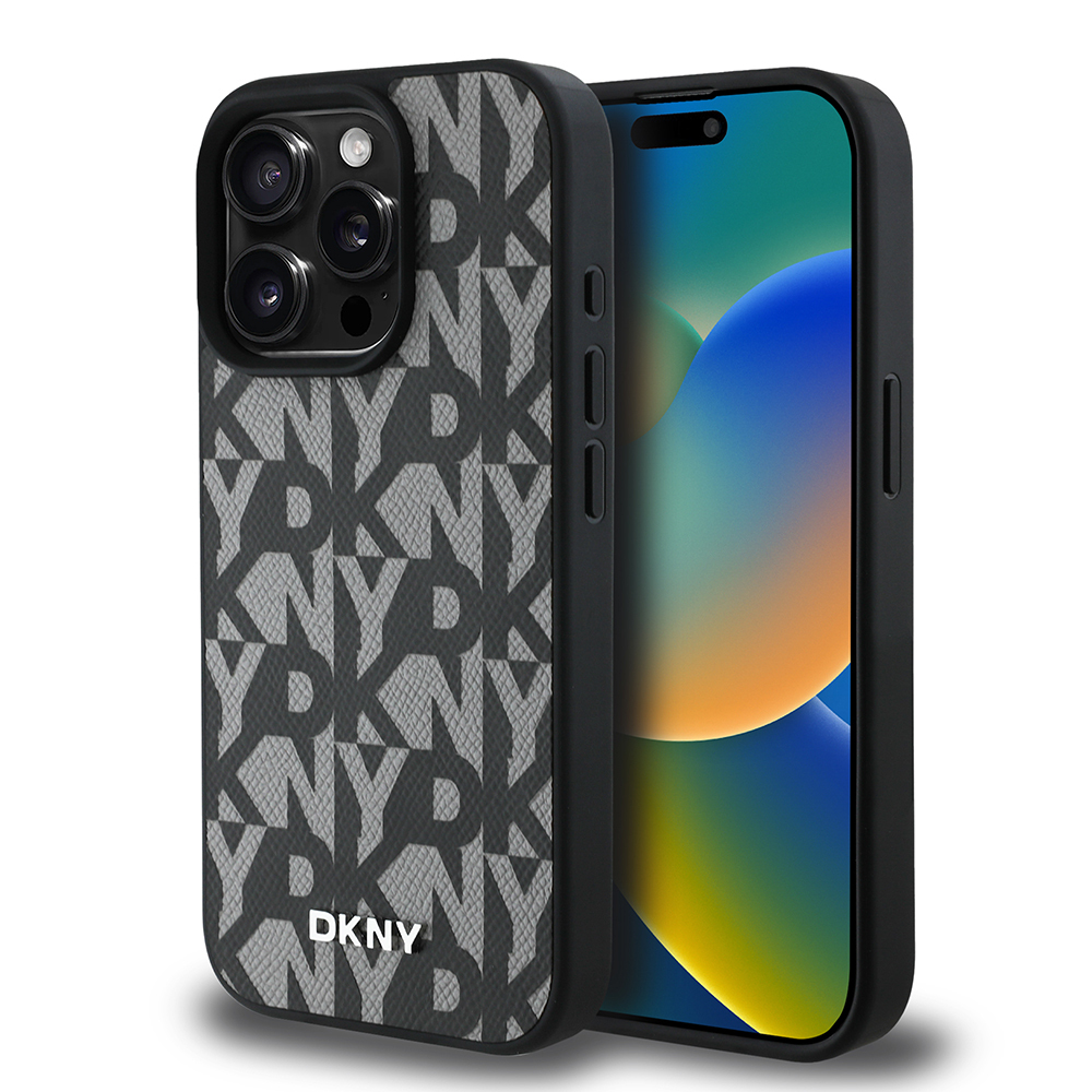 Apple iPhone 15 Pro Max Kılıf DKNY Orjinal Lisanslı M-safe Şarj Özellikli 3D Yazılı Grid Pattern Kapak - Gri