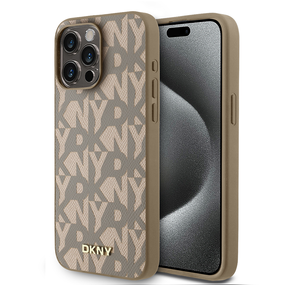 Apple iPhone 15 Pro Max Kılıf DKNY Orjinal Lisanslı M-safe Şarj Özellikli 3D Yazılı Grid Pattern Kapak - Kahverengi