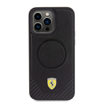 Apple iPhone 15 Pro Max Kılıf Ferrari Orjinal Lisanslı M-safe Şarj Özellikli Metal Logolu PU Karbon Kapak - 12