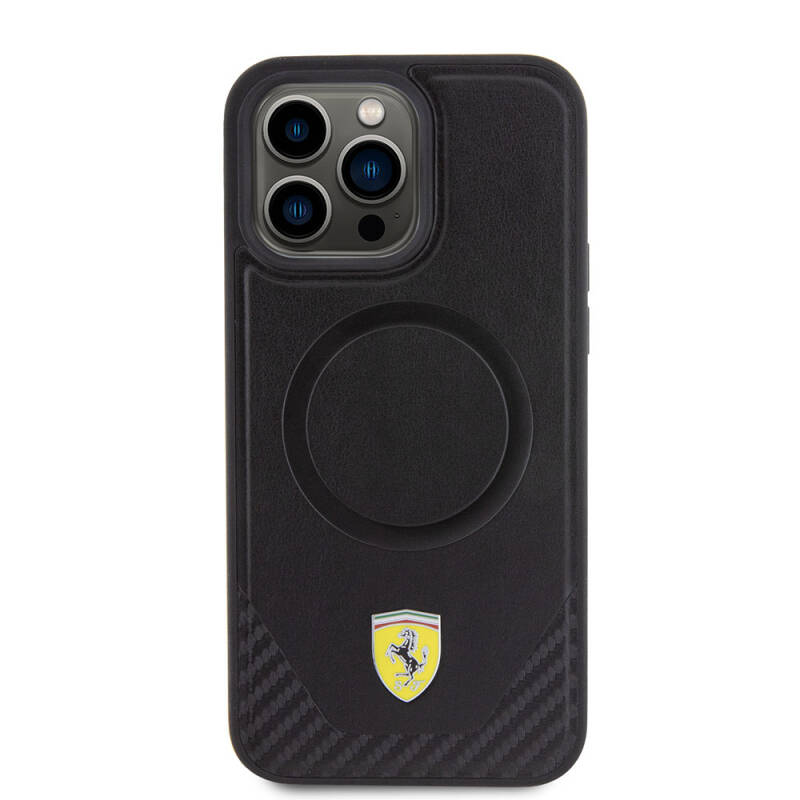 Apple iPhone 15 Pro Max Kılıf Ferrari Orjinal Lisanslı M-safe Şarj Özellikli Metal Logolu PU Karbon Kapak - 12