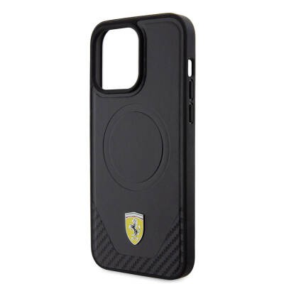 Apple iPhone 15 Pro Max Kılıf Ferrari Orjinal Lisanslı M-safe Şarj Özellikli Metal Logolu PU Karbon Kapak - 15
