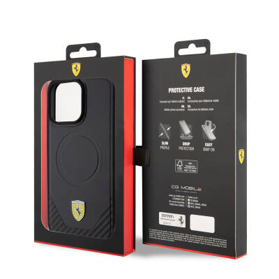 Apple iPhone 15 Pro Max Kılıf Ferrari Orjinal Lisanslı M-safe Şarj Özellikli Metal Logolu PU Karbon Kapak - 17