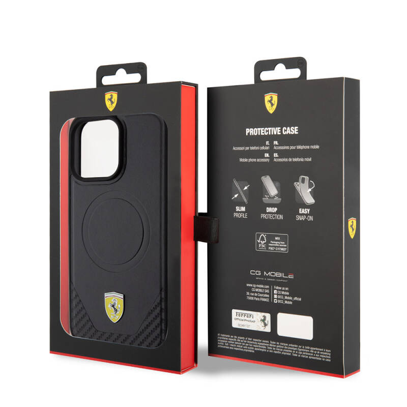 Apple iPhone 15 Pro Max Kılıf Ferrari Orjinal Lisanslı M-safe Şarj Özellikli Metal Logolu PU Karbon Kapak - 17