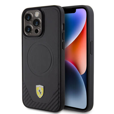 Apple iPhone 15 Pro Max Kılıf Ferrari Orjinal Lisanslı M-safe Şarj Özellikli Metal Logolu PU Karbon Kapak - 10