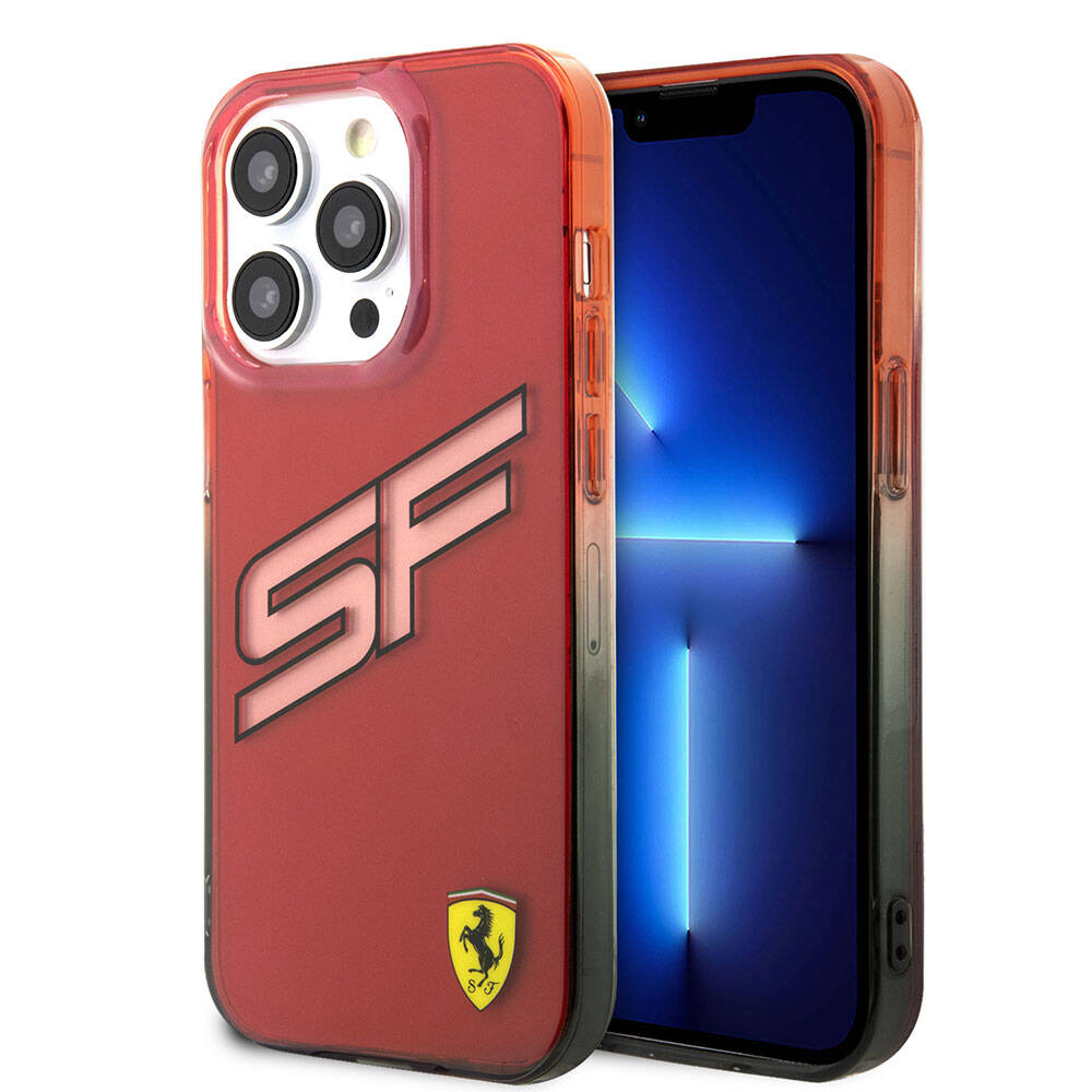Apple iPhone 15 Pro Max Kılıf Ferrari Orjinal Lisanslı Transparan SF Yazılı Kenarları Renk Geçişli Kapak - Kırmızı