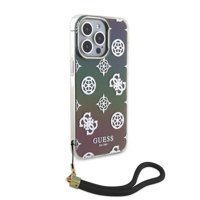 Apple iPhone 15 Pro Max Kılıf Guess Orjinal Lisanslı Desenli Yazı Logolu Askı İpli Holografik Glitter Peony Kapak - Guess