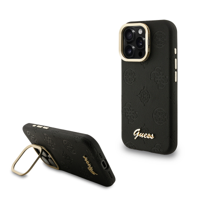 Apple iPhone 15 Pro Max Kılıf Guess Orjinal Lisanslı M-safe Şarj Özellikli Sıcak Baskılı Yazı Logolu Kamera Standlı PU Deri Peony Kapak - Guess