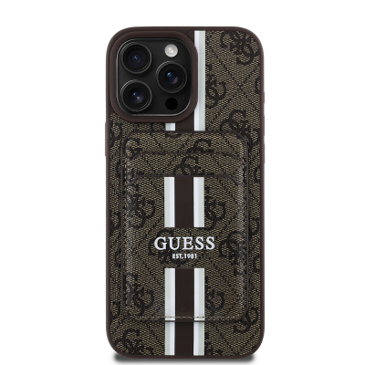 Apple iPhone 15 Pro Max Kılıf Guess Orjinal Lisanslı M-safe Şarj Özellikli 4G Desenli Çizgili Kartlıklı Kapak - Guess