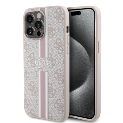 Apple iPhone 15 Pro Max Kılıf Guess Orjinal Lisanslı M-safe Şarj Özellikli 4G Şerit Tasarımlı Printed Kapak - Guess