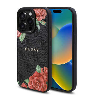 Apple iPhone 15 Pro Max Kılıf Guess Orjinal Lisanslı M-safe Şarj Özellikli Gül Baskılı 4G Desenli Yazı Logolu Kapak - Guess
