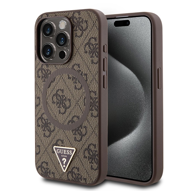 Apple iPhone 15 Pro Max Kılıf Guess Orjinal Lisanslı M-safe Şarj Özellikli PU Üçgen Logo 4G Desenli Kapak - 1