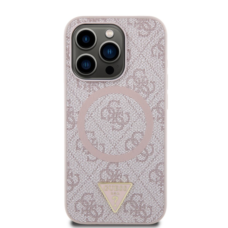 Apple iPhone 15 Pro Max Kılıf Guess Orjinal Lisanslı M-safe Şarj Özellikli PU Üçgen Logo 4G Desenli Kapak - 13