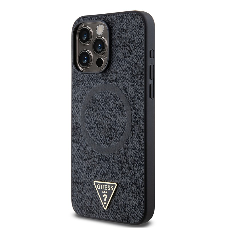 Apple iPhone 15 Pro Max Kılıf Guess Orjinal Lisanslı M-safe Şarj Özellikli PU Üçgen Logo 4G Desenli Kapak - 19