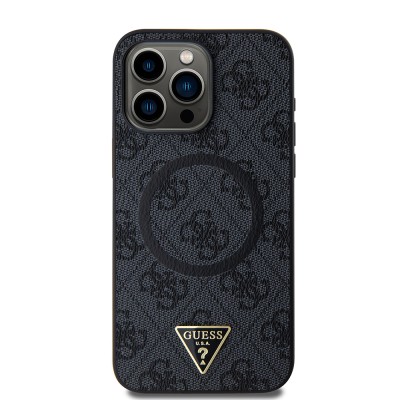 Apple iPhone 15 Pro Max Kılıf Guess Orjinal Lisanslı M-safe Şarj Özellikli PU Üçgen Logo 4G Desenli Kapak - 20