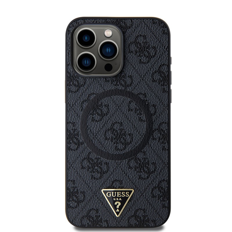 Apple iPhone 15 Pro Max Kılıf Guess Orjinal Lisanslı M-safe Şarj Özellikli PU Üçgen Logo 4G Desenli Kapak - 20