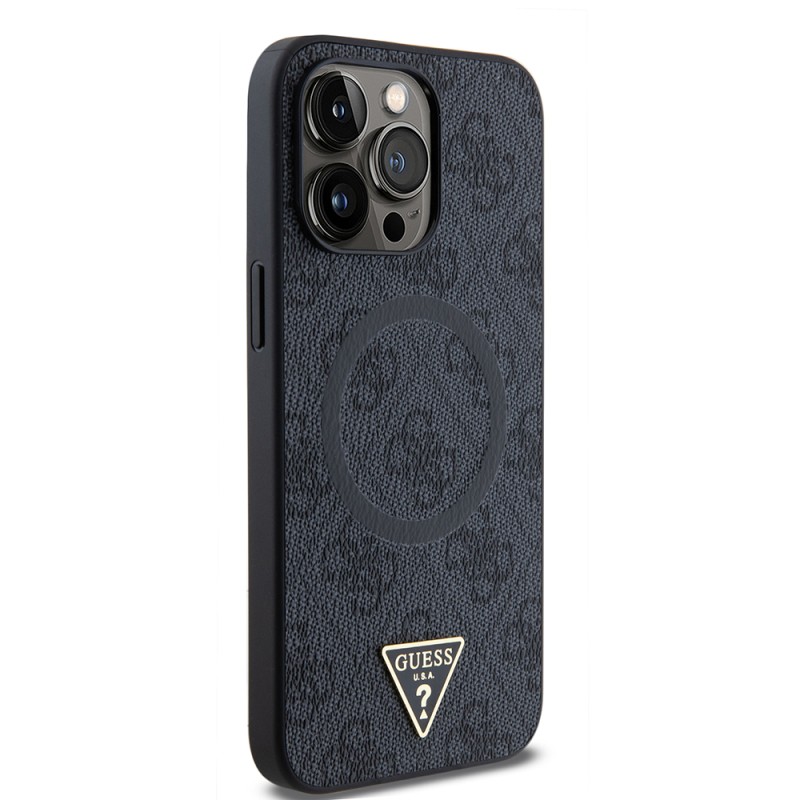 Apple iPhone 15 Pro Max Kılıf Guess Orjinal Lisanslı M-safe Şarj Özellikli PU Üçgen Logo 4G Desenli Kapak - 21
