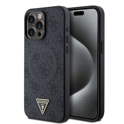 Apple iPhone 15 Pro Max Kılıf Guess Orjinal Lisanslı M-safe Şarj Özellikli PU Üçgen Logo 4G Desenli Kapak - 4