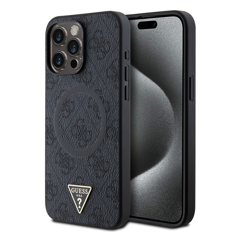 Apple iPhone 15 Pro Max Kılıf Guess Orjinal Lisanslı M-safe Şarj Özellikli PU Üçgen Logo 4G Desenli Kapak - 4