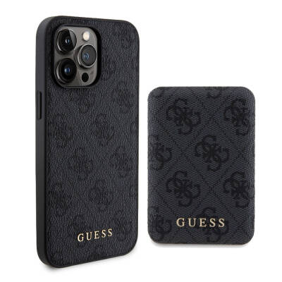 Apple iPhone 15 Pro Max Kılıf Guess Orjinal Lisanslı M-safe Şarj Özellikli Yazı Logolu 4G Desenli Kapak + Powerbank 5000mAh 2in1 Set - Guess