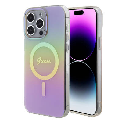 Apple iPhone 15 Pro Max Kılıf Guess Orjinal Lisanslı M-safe Şarj Özellikli Yazı Logolu Iridescent Kapak - Guess