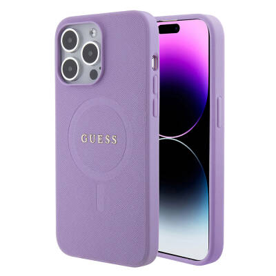Apple iPhone 15 Pro Max Kılıf Guess Orjinal Lisanslı M-safe Şarj Özellikli Yazı Logolu Saffiano Kapak - Guess